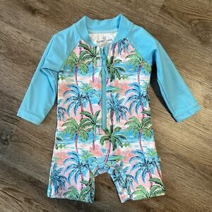 Caden Lane Rash Guard Romper Swimsuit 0-3 Months Palm Blue Pink Long Sleeve